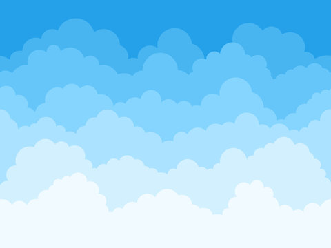 Cartoon sky clouds background. Fluffy clouds in blue sky, cloudscape scene, cloudy weather panorama vector background illustration. Cloudscape in layers. Pattern design. Heavens backdrop