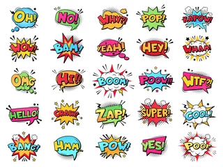 Fotobehang Comic speech bubble. Cartoon comic book text clouds. Comic pop art book pow, oops, wow, boom exclamation signs vector comics words set. Creative retro balloons with funny slang phrases and expressions © WinWin