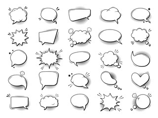Fototapeta premium Cartoon talk bubble in comic style. Comic book graphic art speech clouds, thinking bubbles and conversation text elements vector illustration set. Empty speech and thought bubbles in different shapes