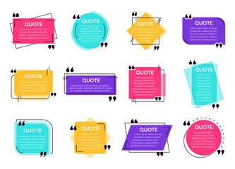 Quote text box. Cited box frame label, social network quotes dialogue bubble, remark text frames and quote frames template vector isolated icons set. Colorful note text box pack, quotation background