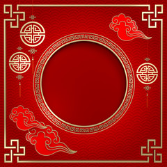Chinese gold coin ornament and cloudy on red background 3d rendering. 3d illustration greeting for Happiness, Prosperity & Longevity. Chinese new year festival.