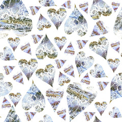 Pattern with blue, stone hearts, frosty, heart planet, earth, marble, Valentine's day, love. Craquelure on a white background. Festive watercolor background. stock illustration. for textile, wallpaper