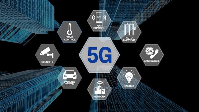 '5G technology' icon on Intelligent Smart building, Making steel frame and construction building. X-ray image low view. 4k animation.
