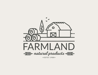 Fototapeta premium Farm vector logo with farmhouse and hay bales.