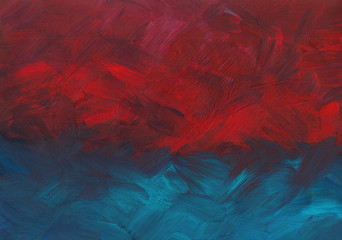 Abstract oil painting background. Deep red and turquoise brush strokes on paper. Contemporary art.