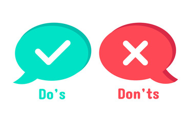 Do and Dont icons. Speech bubble checklist element, yes and no dialogue cloud box. Accept or reject symbol vector icon. Choice options. Right and wrong symbols. Correct and incorrect decision