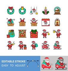 Christmas day decoration and santa claus filled icon set