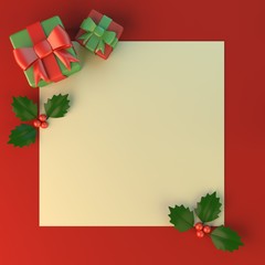 Flat lay cute Christmas presents and mistletoe with copy space on red background , 3D Rendering , Square