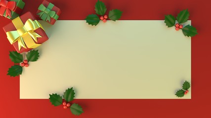 Flat lay cute Christmas presents and mistletoe with copy space on red background , 3D Rendering ,