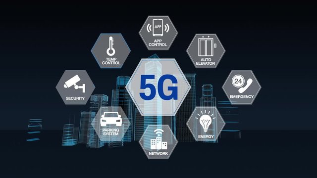 Intelligent Smart building and smart home connected various  '5G technology' icon. building city skyline x-ray image, 4k animation.