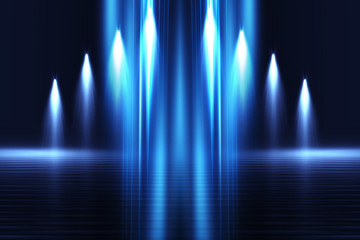 Empty dark abstract background. Background of empty show scene. Glow of neon lights on an empty concert venue. Reflection of light on the pavement.