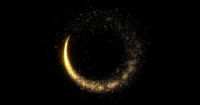 Gold sparkling light circle with shimmering particles with glare flare effect. Christmas and New Year background, abstract golden glittery confetti ring frame with magic glowing shimmer sparkle trail