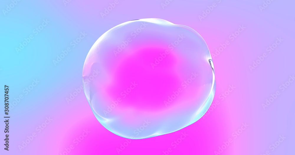 Aufkleber Soap bubble with transparent surface on iridescent color gradient background. Abstract chromatic distorted shape sphere or water drop bubble