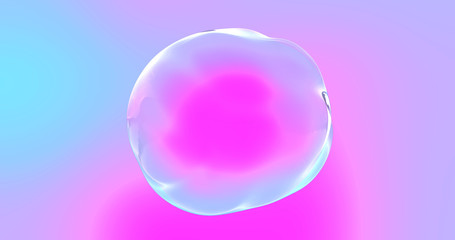 Soap bubble with transparent surface on iridescent color gradient background. Abstract chromatic distorted shape sphere or water drop bubble