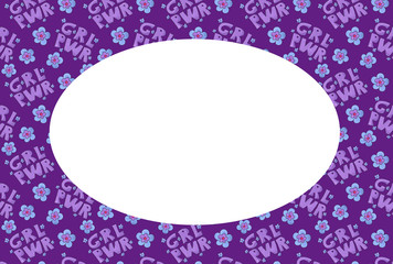 Purple frame for congratulation. Girl power with flowers in the card