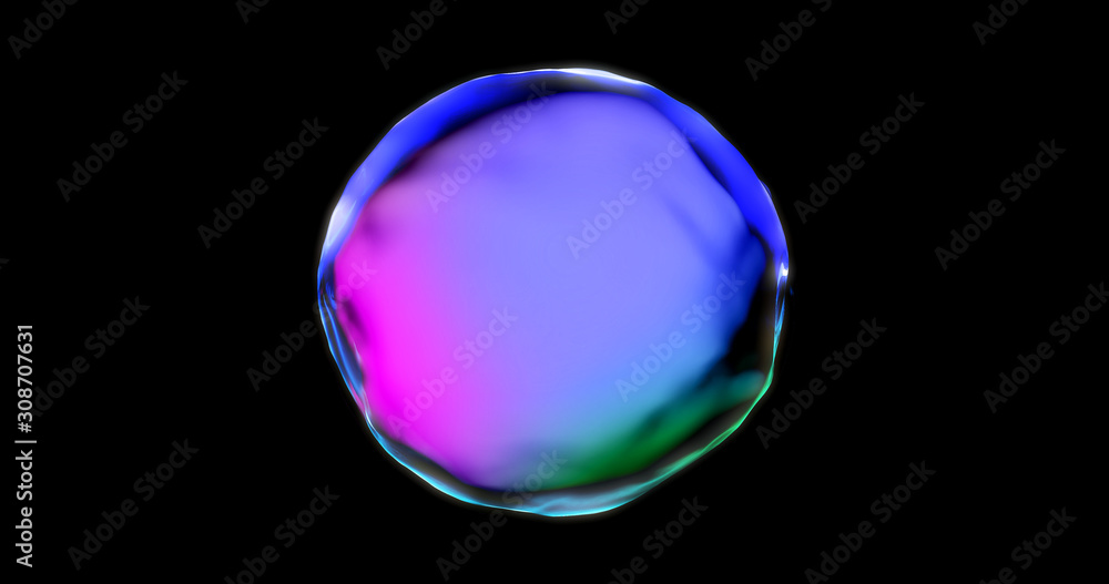 Poster Soap bubble with iridescent chromatic surface transparent isolated on black background. Pink and blue color gradient water drop and soap bubble sphere