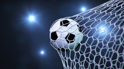 Soccer ball flew into the goal. Soccer ball bends the net, against the background of flashes of light. Soccer ball in goal net on blue background. A moment of delight. 3D illustration