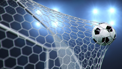 Soccer ball flew into the goal. Soccer ball bends the net, against the background of flashes of light. Soccer ball in goal net on blue background. A moment of delight. 3D illustration