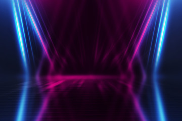Empty dark abstract background. Background of empty show scene. Glow of neon lights on an empty concert venue. Reflection of light on the pavement.