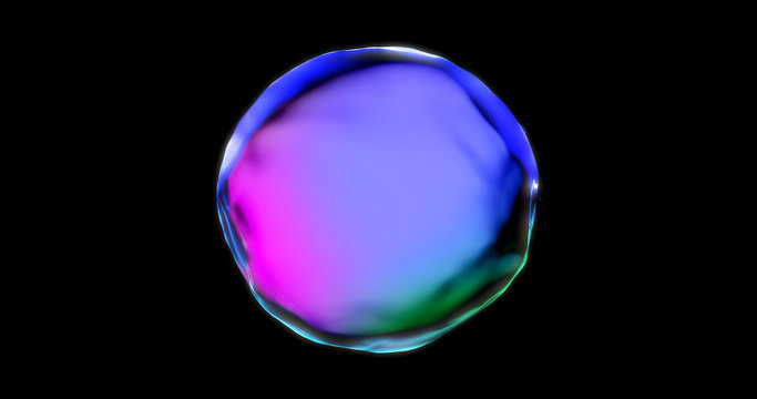 Soap bubble with iridescent chromatic surface transparent isolated on black background. Pink and blue color gradient water drop and soap bubble sphere