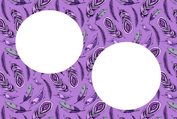Congratulation card for party. Purple feathers in the frame. For two letterings or photos