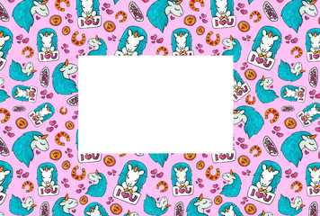 Congratulation card for girls party. Pink unicorn in the frame.