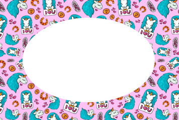 Congratulation card for girls party. Pink unicorn in the frame.
