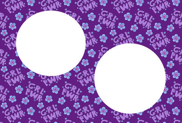Purple frame for congratulation. Girl power with flowers in the card