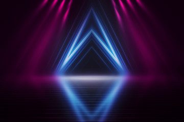 Empty dark abstract background. Background of empty show scene. Glow of neon lights on an empty...