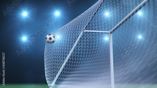 Soccer Ball Flew Into The Goal Soccer Ball Bends The Net Against The Background Of Flashes Of Light Soccer Ball In Goal Net On Blue Background A Moment Of Delight 3d Illustration Soccer Ball Flew Into The Goal Soccer Ball Bends The Net Against The Background Of Flashes Of Light Soccer Ball In Goal Net On Blue Background A Moment Of Delight 3d Illustration