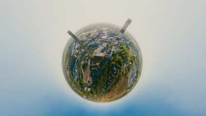 Pipes for thermal power plants in the city. 360 vr Drone shot