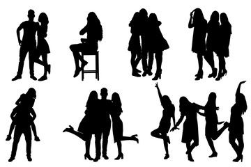 Silhouettes of young people, girls and boys. Black silhouette on a white background, contour.