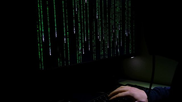 Hacker working on pc privacy data decript, cyber web securit,matrix code running