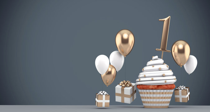 Number 1 gold birthday cupcake with balloons and gifts. 3D Render