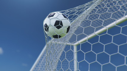 3D illustration Soccer ball flew into the goal. Soccer ball bends the net, against the background of blue sky. Soccer ball in goal net on beautiful sky background. Moment of delight