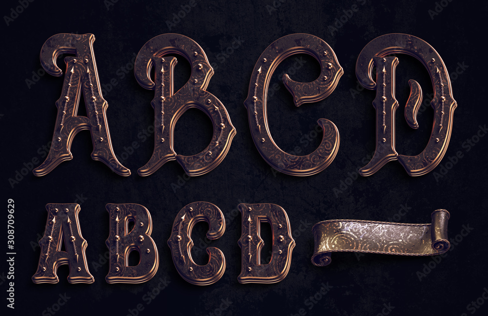 Poster 3d render of vintage textured font set with bronze metallic elements.