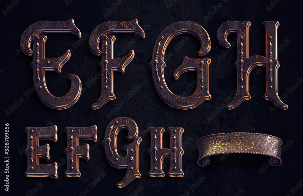 Poster 3d render of vintage textured font set with bronze metallic elements.