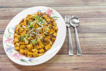 Asia China Chengdu Chongqing food on table, Mapo Toufu (bean curd). It is a popular spicy Chinese dish from Sichuan province.