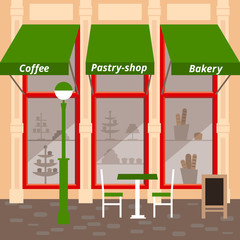 Pastry shop facade. Bakery show-window. Street and building vector illustration.