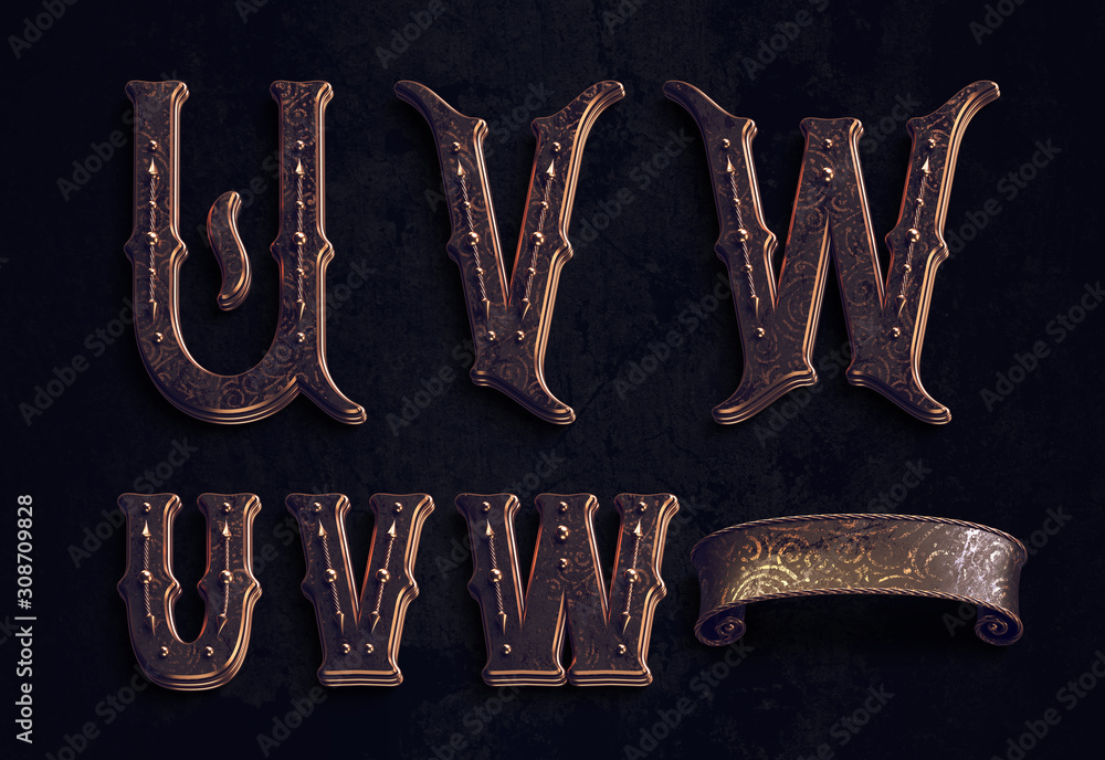 Poster 3d render of vintage textured font set with bronze metallic elements.