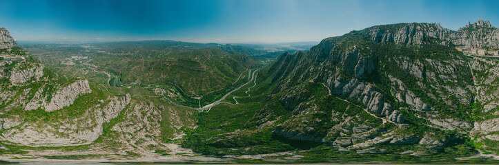 Montserrat monastery and Road in Spain Mountains, nature and historical buildings near Barselona. 360 vr Drone shot