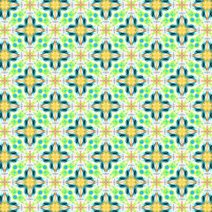 Kaleidoscopic seamless yellow crosses green and aqua blue design for Christmas holiday, Easter, spring or summer geometric abstract