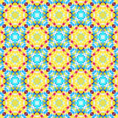 Kaleidoscopic seamless yellow large diamond shapes and aqua turquoise blue design