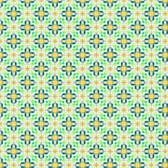 Kaleidoscopic green and yellow Christmas seamless pattern tiny cross shapes also for spring and Easter or summer colors