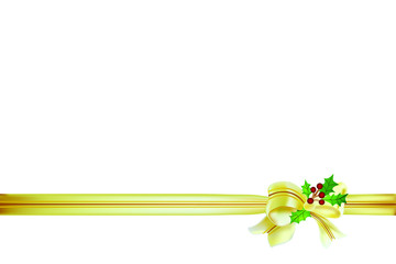 Christmas gold gift bow with holly berries and ribbon  isolated on white background. Realistic Vector illustration  decorative element.
