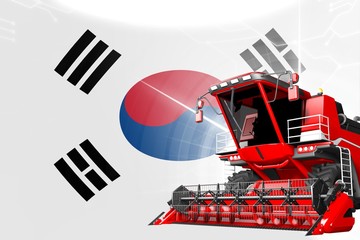 Obraz na płótnie Canvas Agriculture innovation concept, red advanced farm combine harvester on Republic of Korea (South Korea) flag - digital industrial 3D illustration