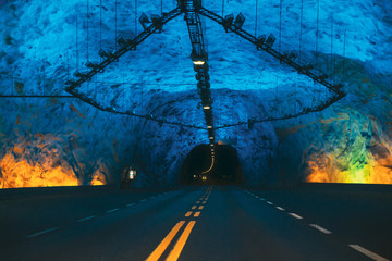 Laerdal Tunnel, Norway. Road On Illuminated Tunnel In Norwegian Mountains. Famous Longest Road...