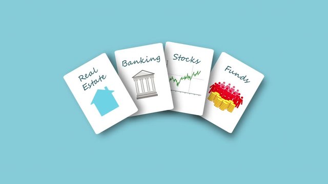  Animated video of cards with investment options and text - real estate, banking, stocks and shares, funds or crowdfunding