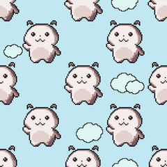 Cute pixel cartoon monster. Pixel art. 8 bit. Vector illustration seamless pattern. 