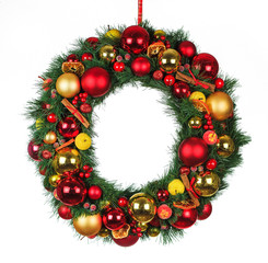 Fototapeta na wymiar christmas wreath with decorations isolated on white background